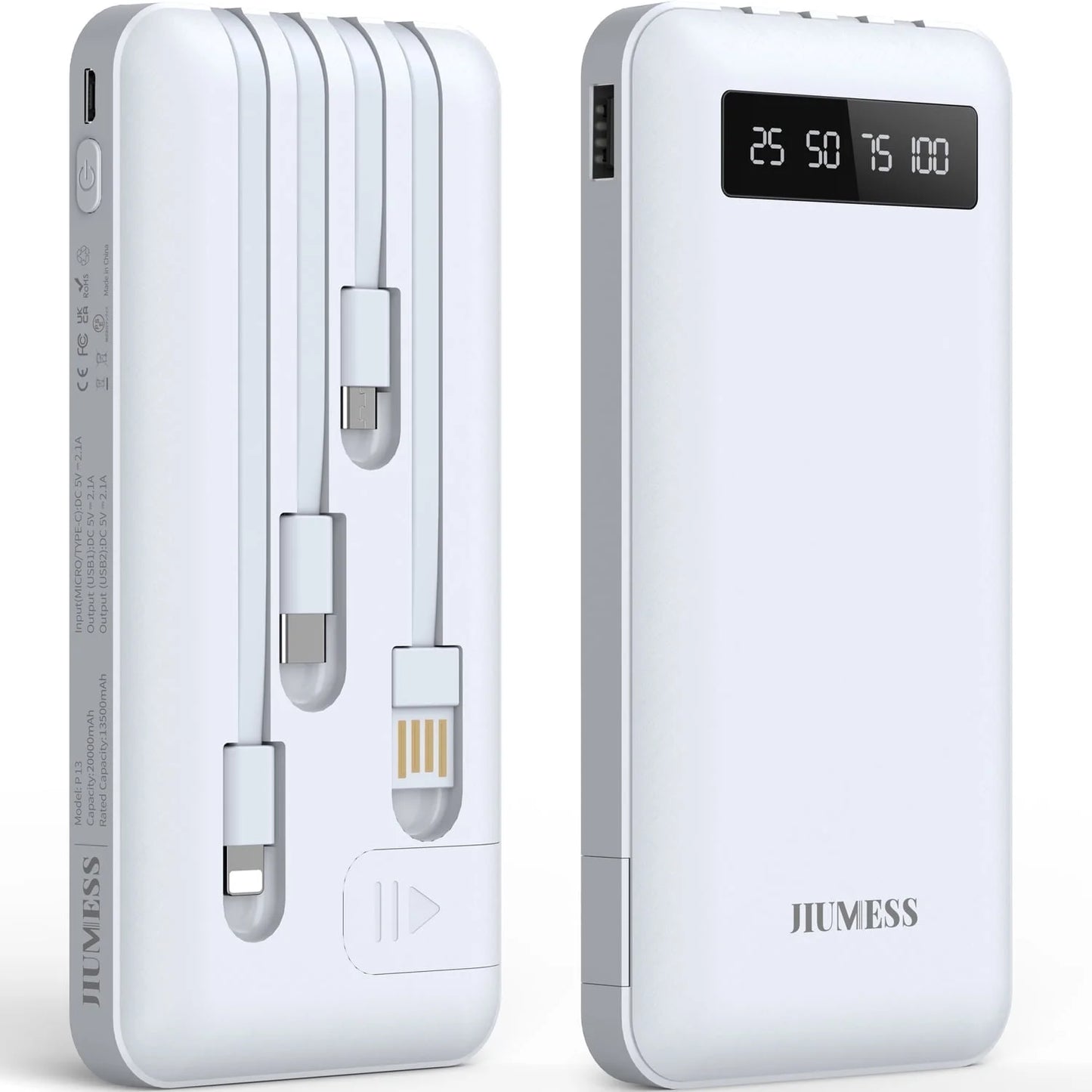 20000Mah Power Bank Portable Charger with Cables, USB Battery Pack for Iphone & Android Cell Phone
